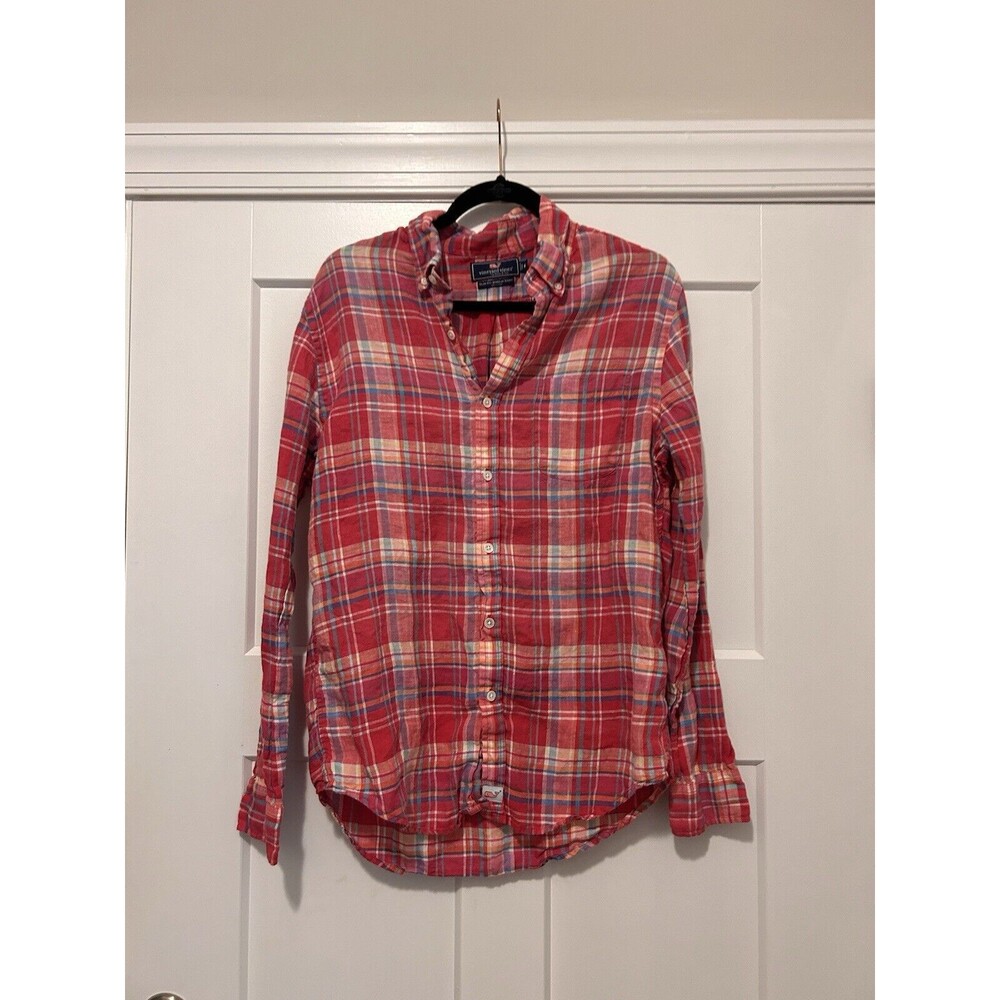 Vineyard Vines Slim Fit Whale Shirt Men's Medium Pink Linen Plaid Murray Style